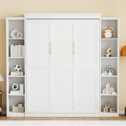 Queen Size Murphy Bed with 2 Storage Cabinet, Farmhouse Wood Hidden Foldable Wall Bed Frame, Space Saving Beds with Shelves, Murphy Bed Queen for Guest Room, Apartment,Office,Bedroom, White