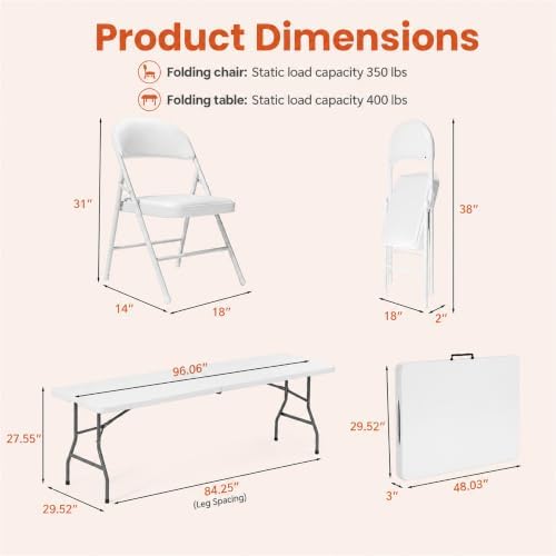 8FT White Plastic Folding Table Set with 10 White PU Padded Chairs