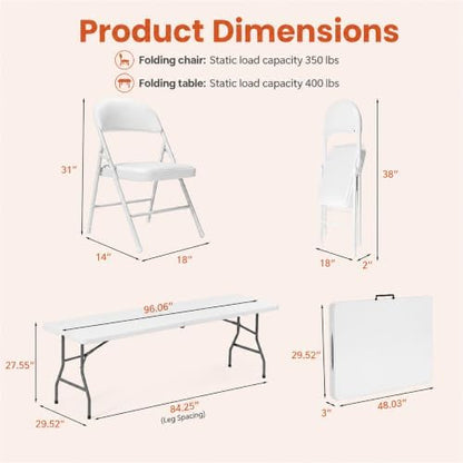8FT White Plastic Folding Table Set with 10 White PU Padded Chairs