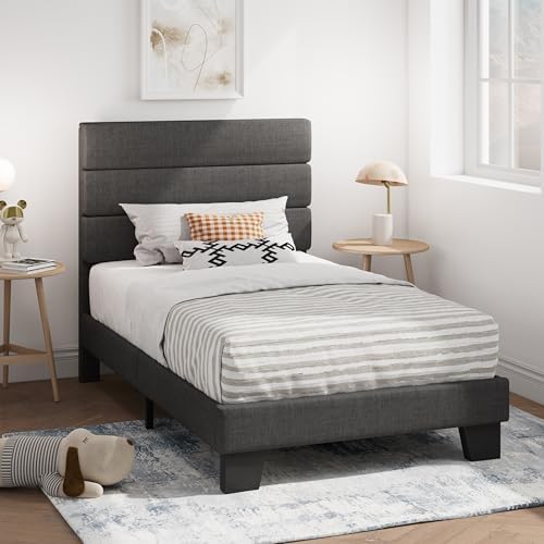SHA CERLIN Twin Platform Bed Frame with Upholstered Fabric Headboard, Grey