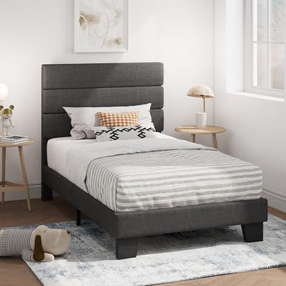 SHA CERLIN Twin Platform Bed Frame with Upholstered Fabric Headboard, Grey