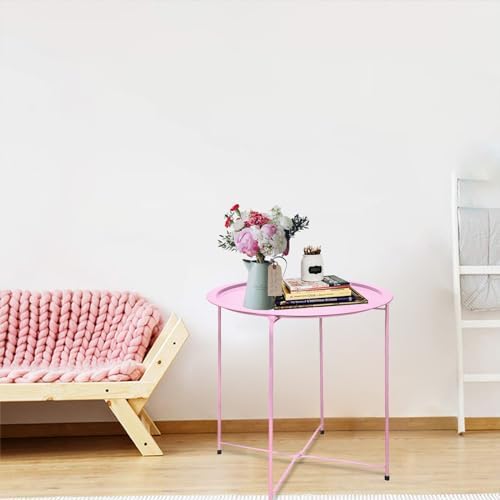 Garden 4 you End Table 2 PCS Metal Side Table Pink Round Folding Tray Cyan Sofa Small Accent Fold-able Table, Round End Table Tray, Next to Sofa Table, Snack Table for Living Room and Bed Room
