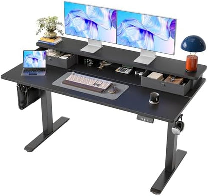 TIQLAB Standing Desk with Two Drawers, Stand Up Standing Desk Adjustable Height, Electric Sit Stand Table with Storage Shelf and Splice Board, 55 * 24 inch, Black