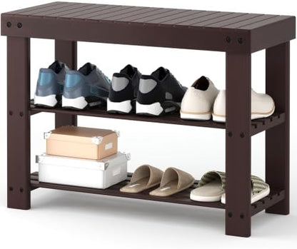NEWBULIG Shoe Rack Bench, 3-Tier Bamboo Organizer, 11x28x18in, Dark Brown