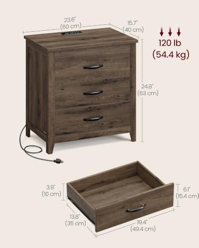 VASAGLE Farmhouse Nightstand with Charging Station, Set of 2, 3 Drawers