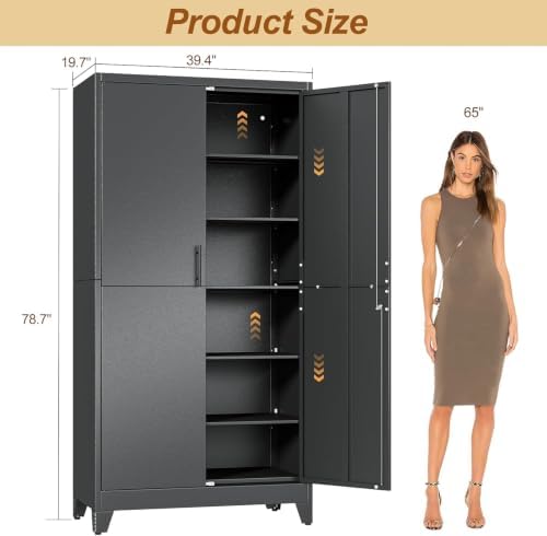 79" Metal Storage Locker Cabinet with Lock and 5 Adjustable Shelves,Steel Lockable Garage Tool Cabinet, File Cabinet,Kitchen Pantry Cabinet for Home,Office,Garage,School,Warehouse Black