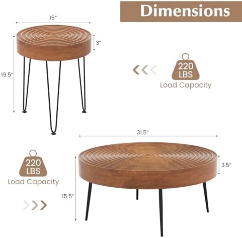 GIANTEX Boho Round Coffee Table Set of 2, Sofa Side Nesting Table with Solid Pine Wood Top, Metal Legs & Adjustable Foot Pads, 31.5" D Large Table Set for Living Room (Ring Pattern, Brown)
