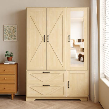 Armoire Wardrobe Closet with 3 Door, Bedroom Armoire with Mirror, LED Light, Hanging Rod, Drawers,Adjustable Shelves,Large Capacity Closet for Bedroom,47.2L,Natural
