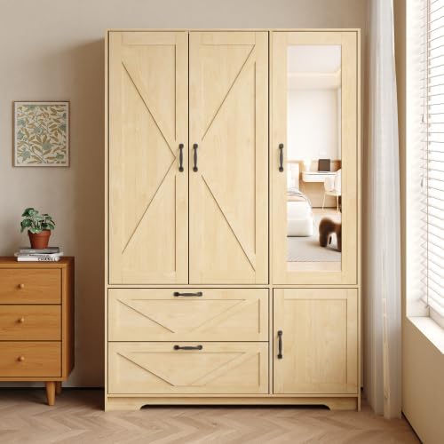 Armoire Wardrobe Closet with 3 Door, Bedroom Armoire with Mirror, LED Light, Hanging Rod, Drawers,Adjustable Shelves,Large Capacity Closet for Bedroom,47.2L,Natural
