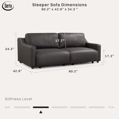 Serta Glendale 90.2" Queen Size Wall-Hugging Convertible Sofa, Dreamcoil Comfort, Vegan Suede Fabric, Charcoal