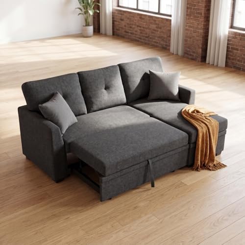 Convertible Sofa Bed, L Shape Sleeper Sofa with Reversible Storage Chaise, Tufted Fabric Sectional Sleeper Sofa with Pull Out Bed for Small Space, Living Room, Apartment, Charcoal Black