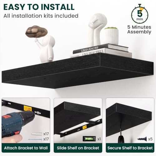 12 Inch Deep Floating Shelves Black, 48 Inch Long, 2" Thick Floating Shelves for Wall, Hidden Bracket, Scratch-Resistant Wood Grain for Bedroom Bathroom Kitchen, Coffee Bar, Bookshelf