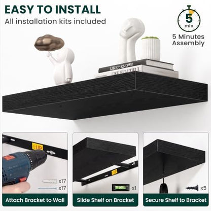 12 Inch Deep Floating Shelves Black, 48 Inch Long, 2" Thick Floating Shelves for Wall, Hidden Bracket, Scratch-Resistant Wood Grain for Bedroom Bathroom Kitchen, Coffee Bar, Bookshelf