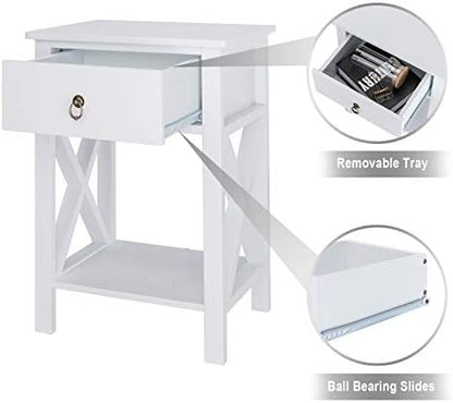 Bonnlo White Nightstand, Small Nightstand with Drawer & Shelf, Farmhouse Night Stand Bedroom, End Table/Bedside Table/White Side Table w/Rustic Handle for Small Spaces, Dorm, Kids Room, Living Room