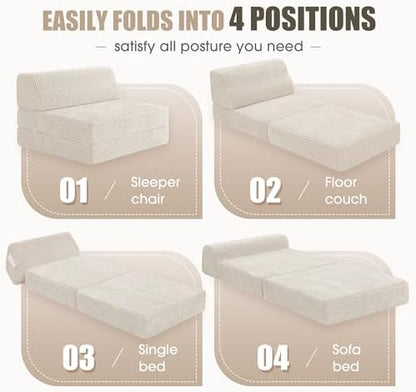 Kasunpul Folding Sofa Bed with Pillow, Memory Foam Fold Out Chair Bed, Convertible Sleeper Chair with Washable Cover, Futon Floor Couch for Living Room/Dorm/Guest Use/Home Office/Apartment, Beige