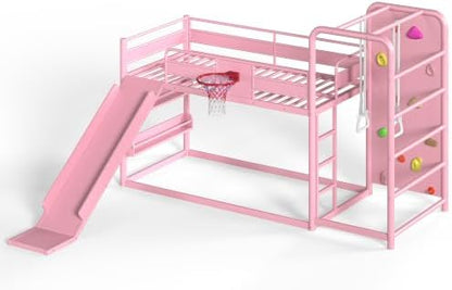 Full Size Bunk Bed with Slide & Basketball Hoop, Pink