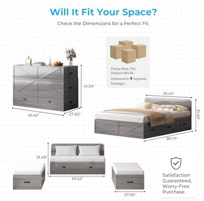 Murphy Bed, Cabinet Beds Queen Size with Mattress Included, Drawers, Queen Hidden Murphy Guest Chest Bed, 3-in-1 Convertible Cabinet Sofa Bed, Furniture Sets for Small Room, Apartment - Grey