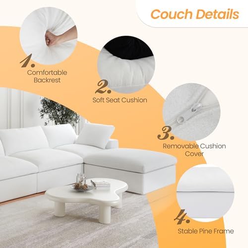 JACH U-Shaped Cloud Couches for Living Room, 6-Seats Modular Convertible Sectional Sofas, Cushion Covers Removable, Comfy Sectional Couch with Chaise Ottomans for Living Room Apartment (White)