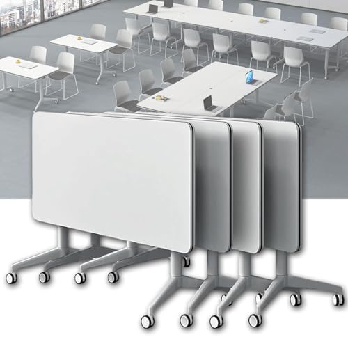 Conference Table, Folding Conference Room Tables on Wheels, Modern Meeting Seminar Table Computer Desk, Boardroom Desk for Office Meeting Conference Room,White,4 Pack 47.2inch