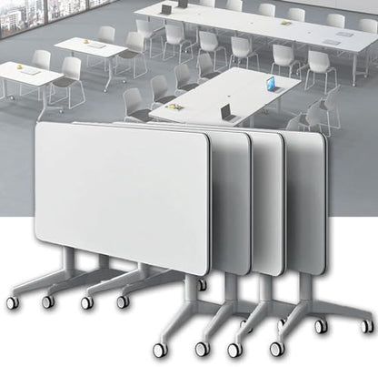 Conference Table, Folding Conference Room Tables on Wheels, Modern Meeting Seminar Table Computer Desk, Boardroom Desk for Office Meeting Conference Room,White,4 Pack 47.2inch