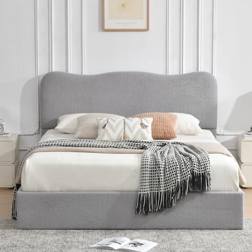 VELOCAVA Full Size Lift-Up Storage Bed, Modern Upholstered Boucle Bed with Curved Headboard, Gas Lift Platform, Sturdy Wooden Slat Support, No Box Spring Needed, Easy Assembly, Light Gray