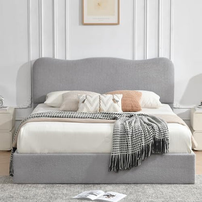 VELOCAVA Full Size Lift-Up Storage Bed, Modern Upholstered Boucle Bed with Curved Headboard, Gas Lift Platform, Sturdy Wooden Slat Support, No Box Spring Needed, Easy Assembly, Light Gray
