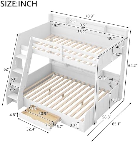 Wood Bunk Bed Twin Over Full Size with Built-in Storage Shelves and Charging Station, Versatile Bunk Bed Frame with Ladder and Guardrail for Kids Teens Adult, Maximize Space (White-5.6)