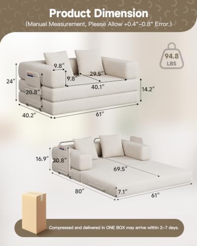 61" 5-in-1 Boneless Futon Sofa Bed, Corduroy, Washable Cover, No Assembly