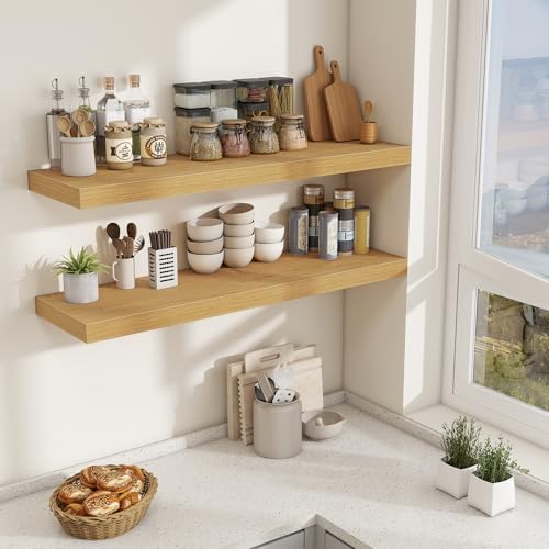 48 Inch Floating Shelves for Wall - 12 Inch Deep Fireplace Mantel Shelf - Wood Floating Shelf for Wall - Large Storage Shelves Wall Mount for Living Room & Bedroom - Oak - Set of 1