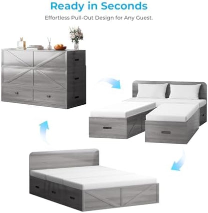 Mjkone Murphy Cabinet Beds Full Size with Mattress, Included, Murphy Hidden Guest Sleeper Bed with Storage Drawers, 3-in-1 Convertible Living Room Furniture Sofa Set for Small Room, Apartment, Grey