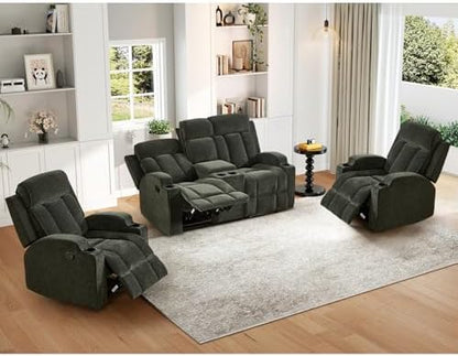 HAOMARKETS 3-Piece Manual Recliner Sofa Set, Included 2 Recliner and Loveseat 2-Seater Sofa with Center Console, Overstuffed Fabric Reclining Couches with Cup Holders for Living Room, Green