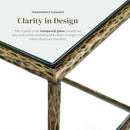 24/7 Shop at Home Lalia Modern 47-inch Metal Coffee Table with Tempered Glass Top and Shelf, Hammered Steel Frame for Living Room, Matte Gold