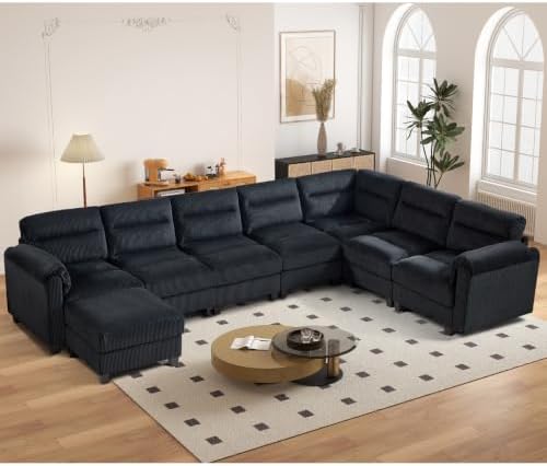 HAOMARKETS 135” Modular Sectional L Shaped Corner Sofa with Movable Ottoman, Corduroy 8-Seater Couches with Thick Cushion for Living Room, Black