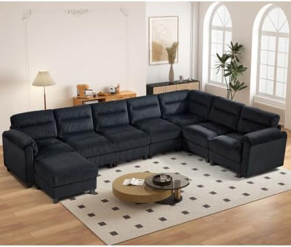 HAOMARKETS 135” Modular Sectional L Shaped Corner Sofa with Movable Ottoman, Corduroy 8-Seater Couches with Thick Cushion for Living Room, Black