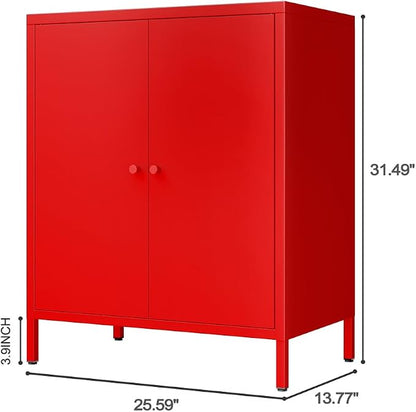 2 Door Metal Accent Storage Cabinet for Home, Living Room, Office Room,Kitchen-Metal Locker Cabinet with 1 Adjustable Shelves-2-Tier (Small 2 Door Cabinet, red)