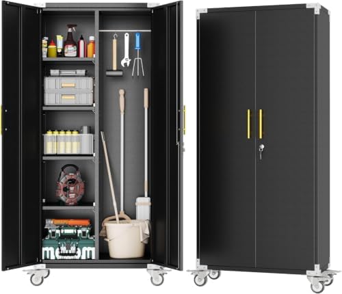 Broom Closet Storage Cabinet with Rolling, Metal Cleaning Cabinets with Hanging Rod and S-Hooks, Lockable Tool Cabinets, Utility Cabinet for Garden, Office, Laundry Room,Garage, Black