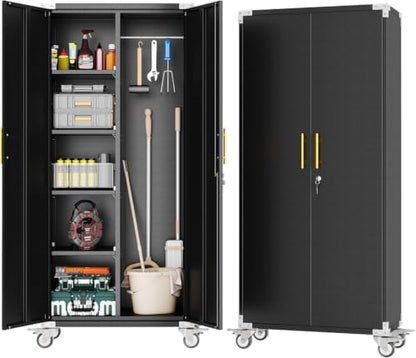Broom Closet Storage Cabinet with Rolling, Metal Cleaning Cabinets with Hanging Rod and S-Hooks, Lockable Tool Cabinets, Utility Cabinet for Garden, Office, Laundry Room,Garage, Black