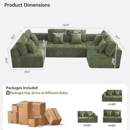 140''Modular Sectional Couches for Living Room, Cloud Boneless Compressed Sectional Sofa, Oversized U Shaped 6 Seater Upholstered Memory Foam Sofa, No Assembly, Chenille Green