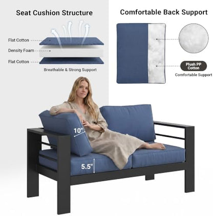Solaste Aluminum Patio Sofa with Coffee Table,2 PCS Patio Furniture Set with Cushions, All-Weather Outdoor Sofa for Balcony, Deck, Backyard, Porch, Garden, Blue
