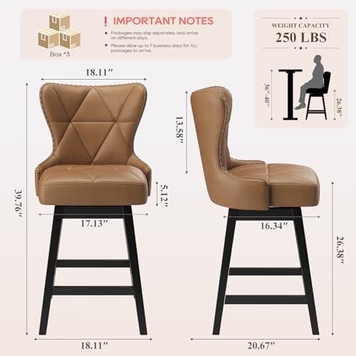 MALOL Swivel Counter Height Bar Stools Set of 6, Tall Faux Leather Barstools, Modern Bar Chairs with Solid Back and Wood Legs for Kitchen Island，Brown