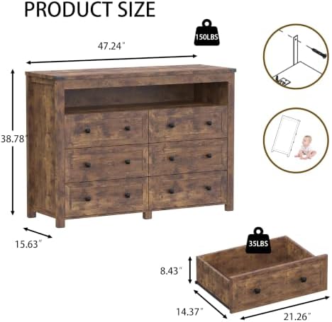 Dresser for Bedroom with 6 Drawers, LED Lights, Power Outlet, Brown