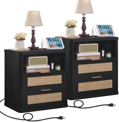LEYAOYAO Rattan 23" Nightstands Set 2 with Charger Station 2 Drawers