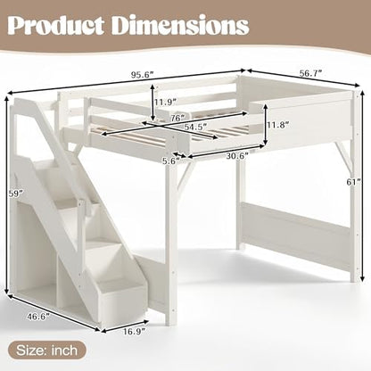 Solid Wood Full Size Loft Bed Frame with Stairs, Built-in Wardrobe and Storage Space, Full Loft Bed with Shelves, Full-Length Guardrails, No Box Spring Needed for Bedroom, Beige