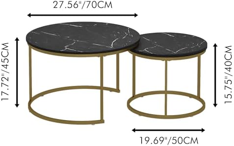 27.6" Round Nesting Coffee Table Set of 2, Black & Gold Marble
