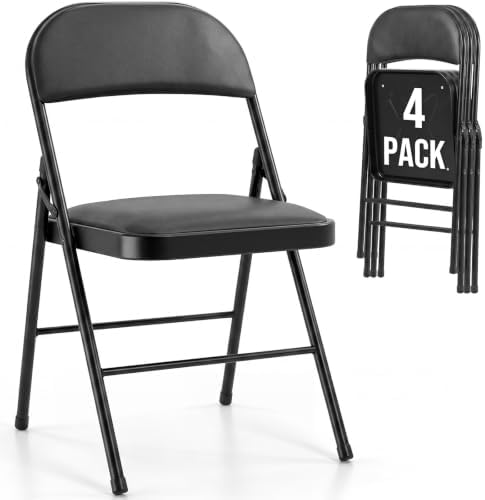 OLIXIS Padded Folding Chairs Set of 4, Portable Foldable Patio Dining Chairs, Heavy Duty Metal Frame, for Kitchen, Dining, Office, Wedding, Garden, Party, Outdoor, Indoor, Black