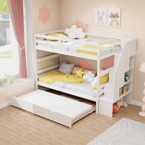 KOMFOTT Wood Twin Over Twin Bunk Bed with Trundle & Storage Stairs, Bunk Bed Frame with Protective Guardrails for Kids Room, Bedroom, Convertible to 2 Separated Beds, No Box Spring Needed