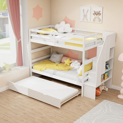 KOMFOTT Wood Twin Over Twin Bunk Bed with Trundle & Storage Stairs, Bunk Bed Frame with Protective Guardrails for Kids Room, Bedroom, Convertible to 2 Separated Beds, No Box Spring Needed