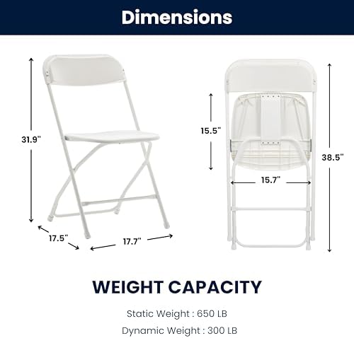 Set of 5 Pack, White Plastic Folding Chair Steel Frame Commercial High Capacity Event Chair Lightweight Set for Office Wedding Party Picnic Kitchen Dining Church School