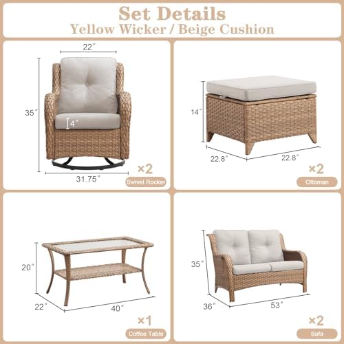 Belord 6 Piece Wicker Patio Furniture Set, Outdoor Swivel Rocker Chairs Set of 2 with Ottomans and Loveseat, All Weather Patio Conversation Furniture Set, for Pool,Yard,SunroomYellow Wicker/Beige