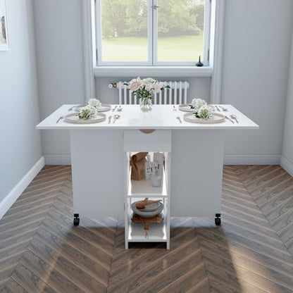 Mondeer Folding Dining Table with Drawer and Shelves, White